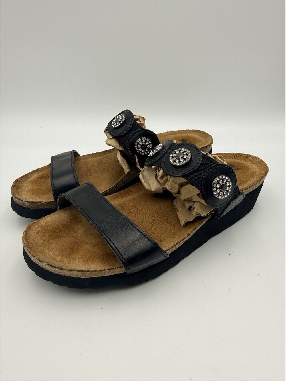 NAOT Women's Marissa Sandal Size 6 EU 36 Black Wedge Leather Rhinestones